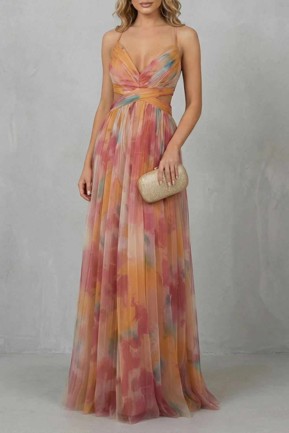 Eva | Draped Cutout Waist Watercolour Christmas Dress