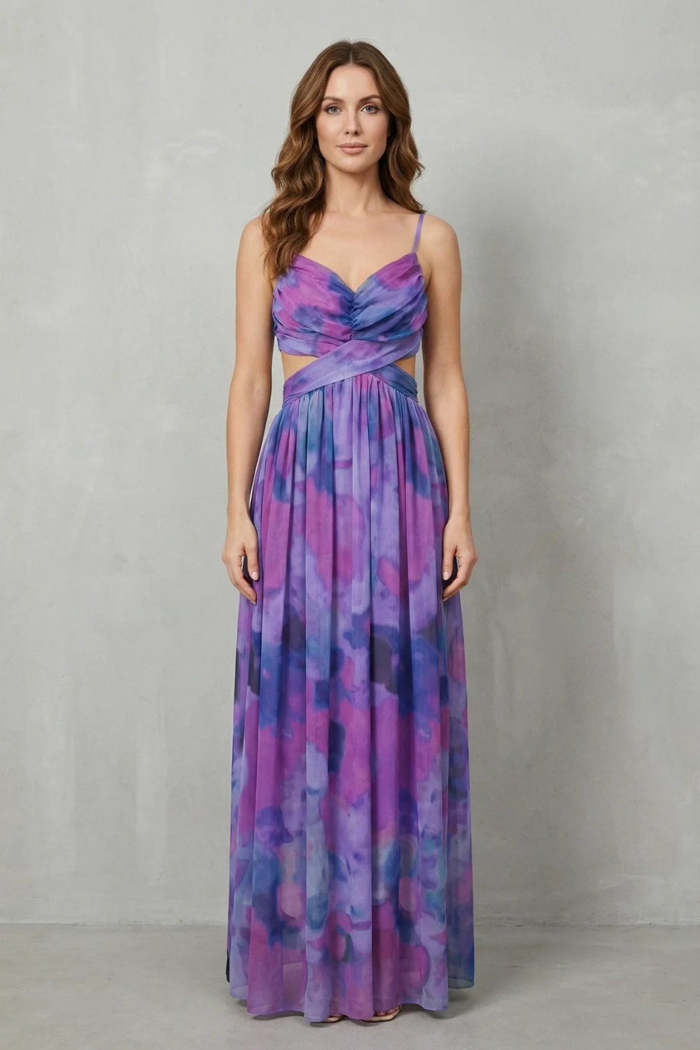 Eva | Draped Cutout Waist Watercolour Christmas Dress