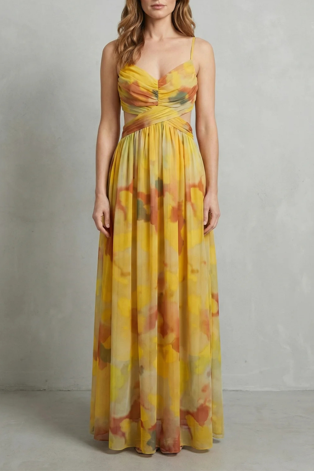 Eva | Draped Cutout Waist Watercolour Christmas Dress