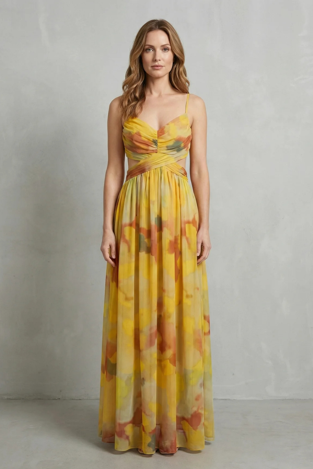 Eva | Draped Cutout Waist Watercolour Christmas Dress