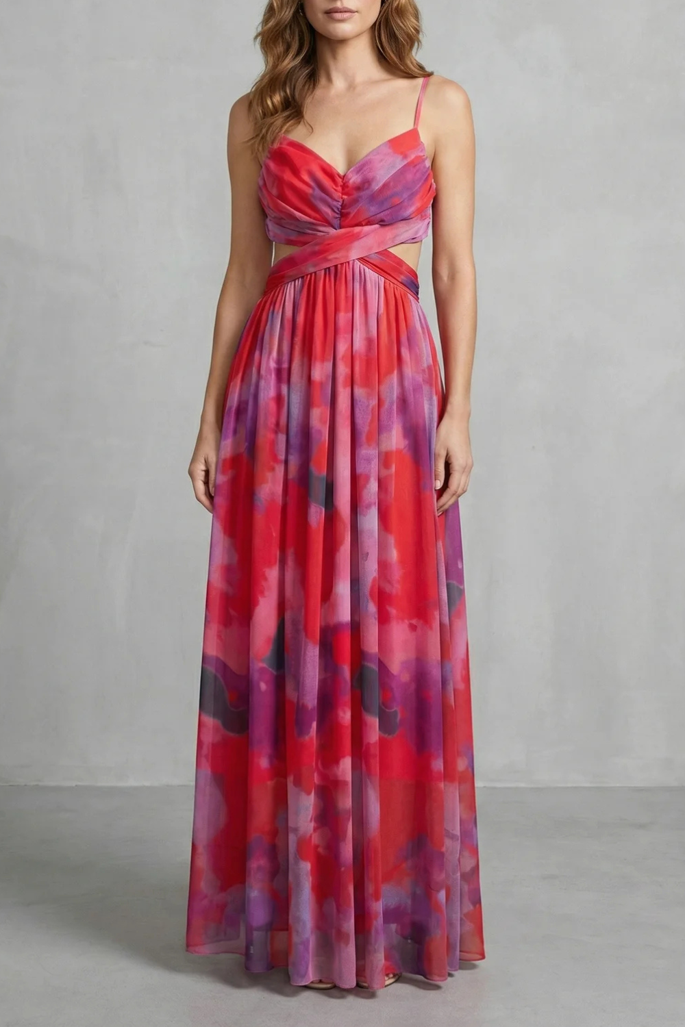 Eva | Draped Cutout Waist Watercolour Christmas Dress