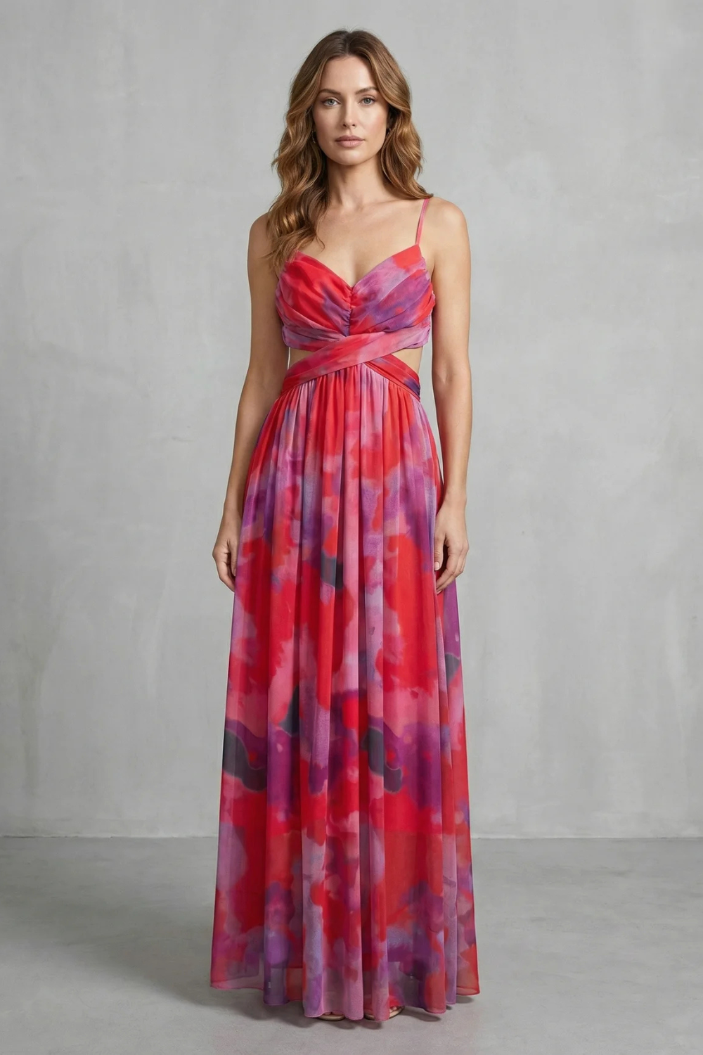 Eva | Draped Cutout Waist Watercolour Christmas Dress