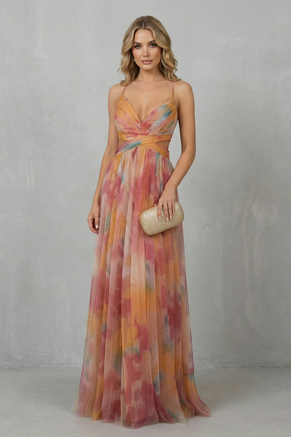Eva | Draped Cutout Waist Watercolour Christmas Dress