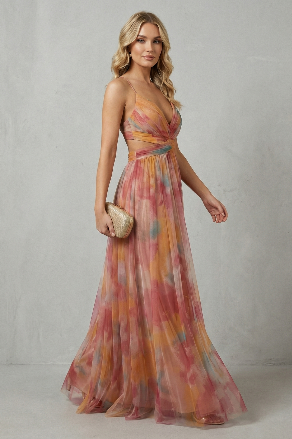 Eva | Draped Cutout Waist Watercolour Christmas Dress