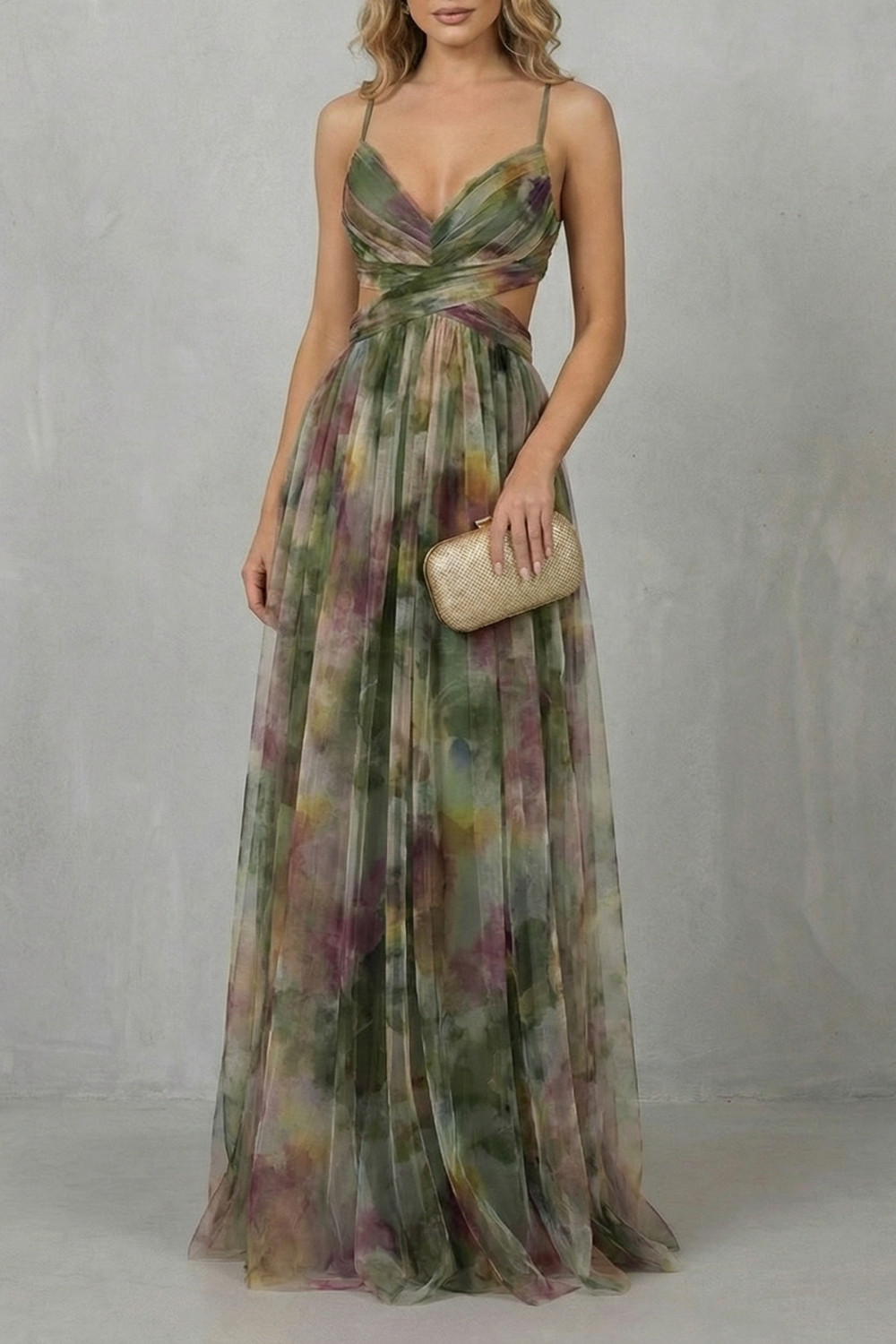 Eva | Draped Cutout Waist Watercolour Christmas Dress