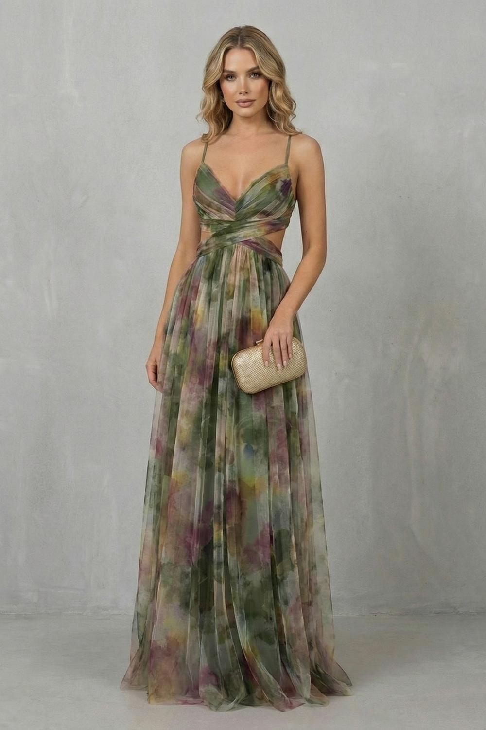 Eva | Draped Cutout Waist Watercolour Christmas Dress