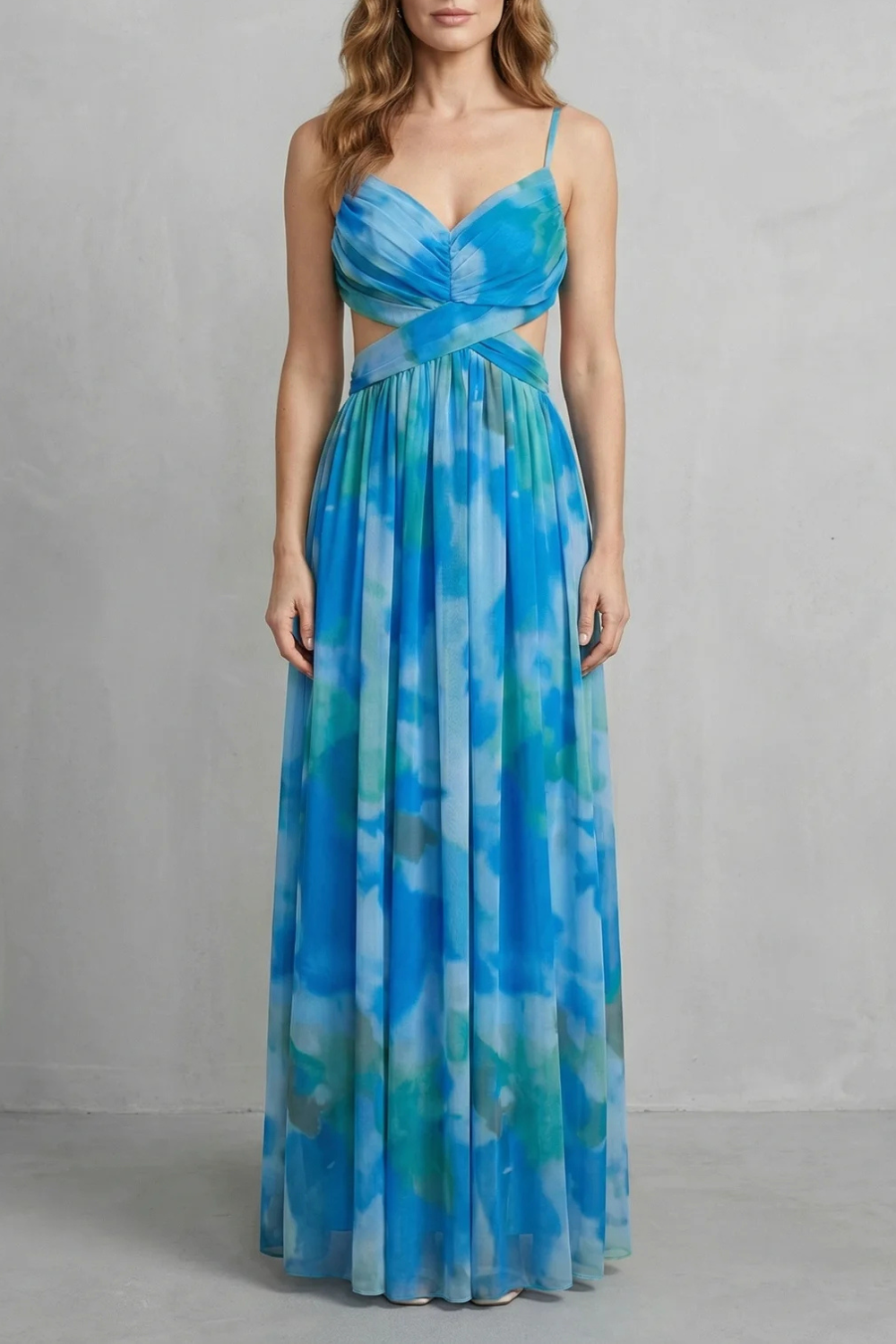 Eva | Draped Cutout Waist Watercolour Christmas Dress