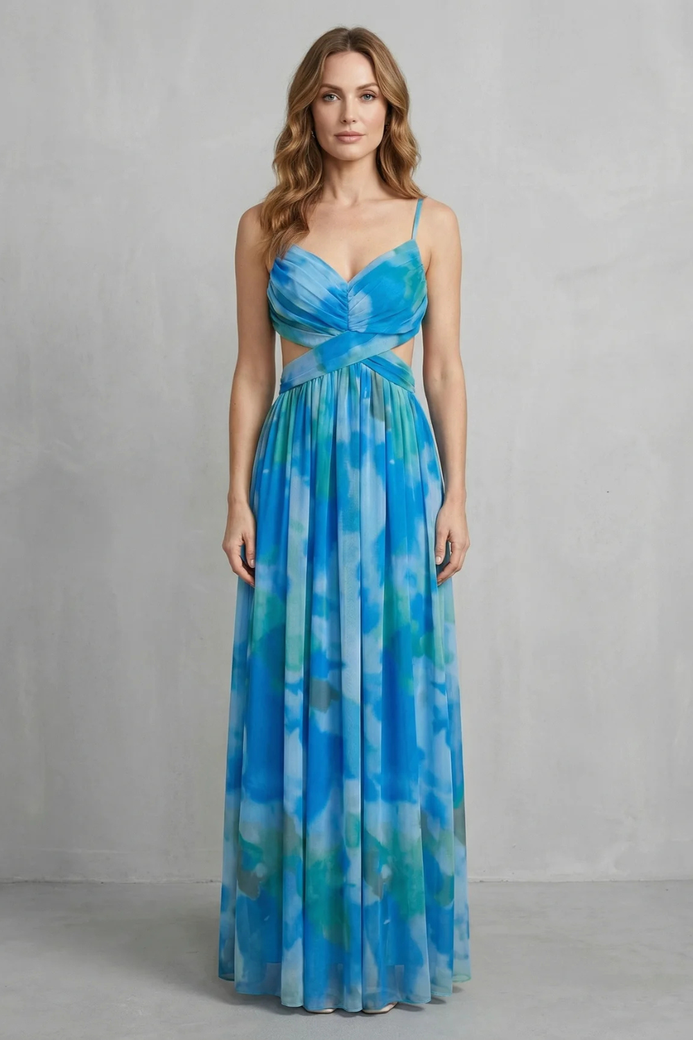 Eva | Draped Cutout Waist Watercolour Christmas Dress