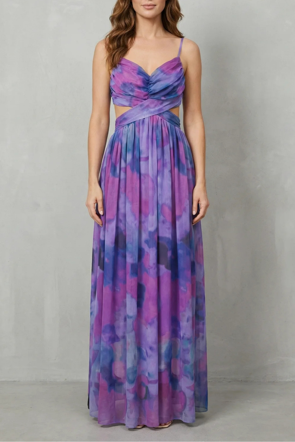 Eva | Draped Cutout Waist Watercolour Christmas Dress