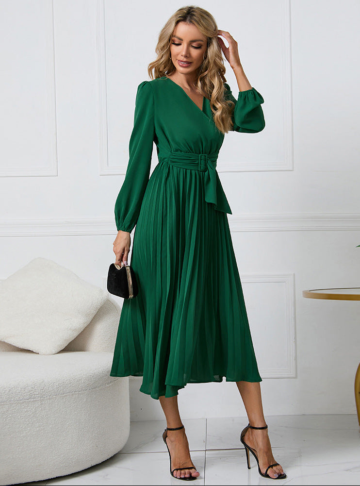 Evelyn | Stylish Pleated Wrap Christmas Dress with Belted Waist