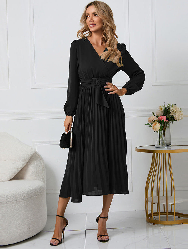 Evelyn | Stylish Pleated Wrap Christmas Dress with Belted Waist