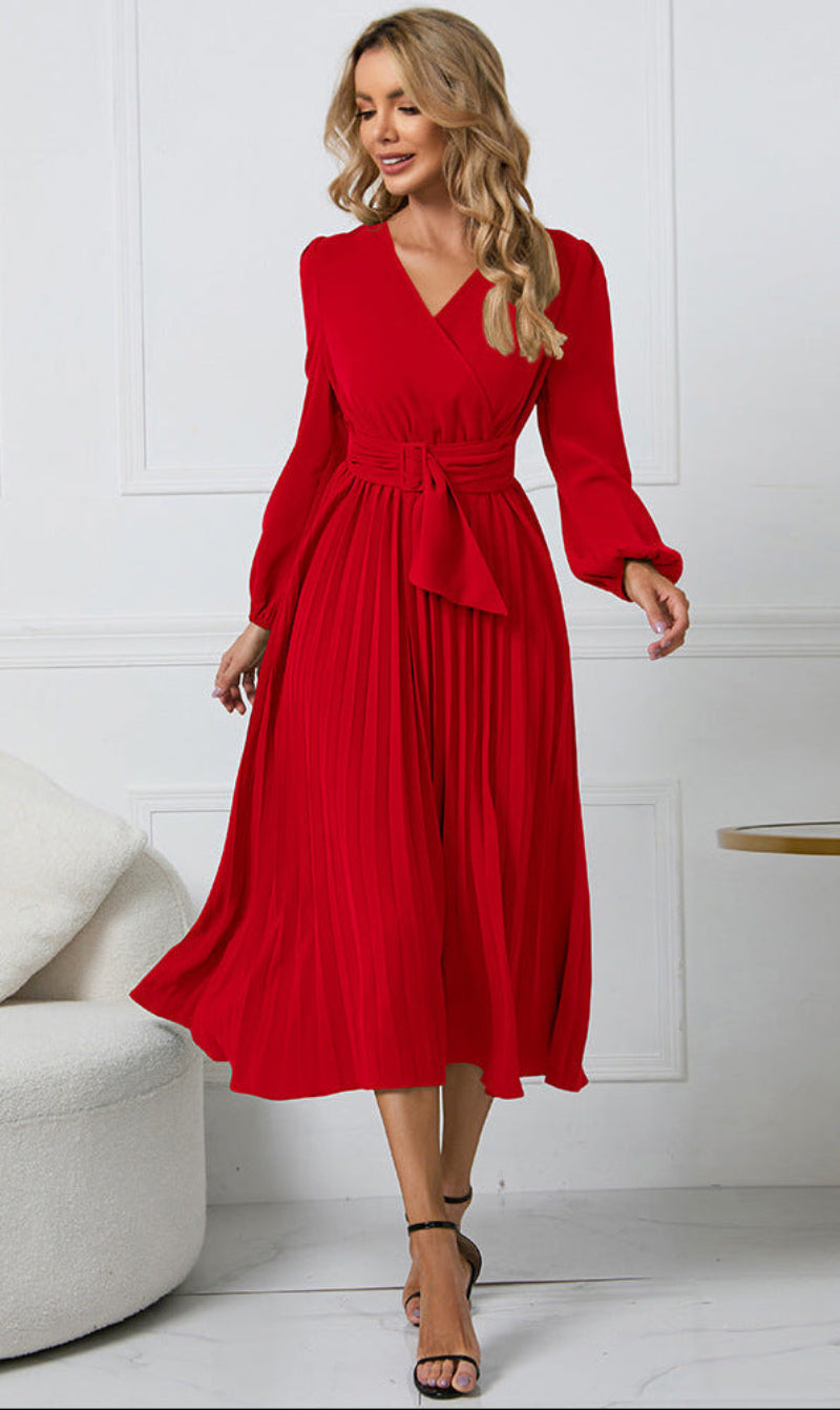 Evelyn | Stylish Pleated Wrap Christmas Dress with Belted Waist