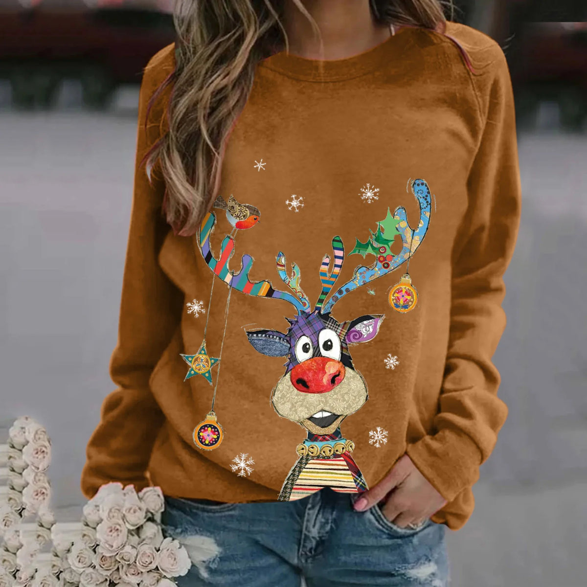 Evie | Elegant Reindeer Print Ladies Xmas Jumper
