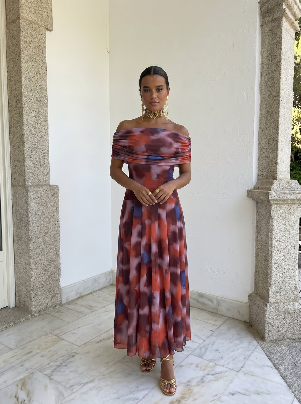 Florence | Elegant Printed Off-Shoulder Christmas Party Maxi Dress