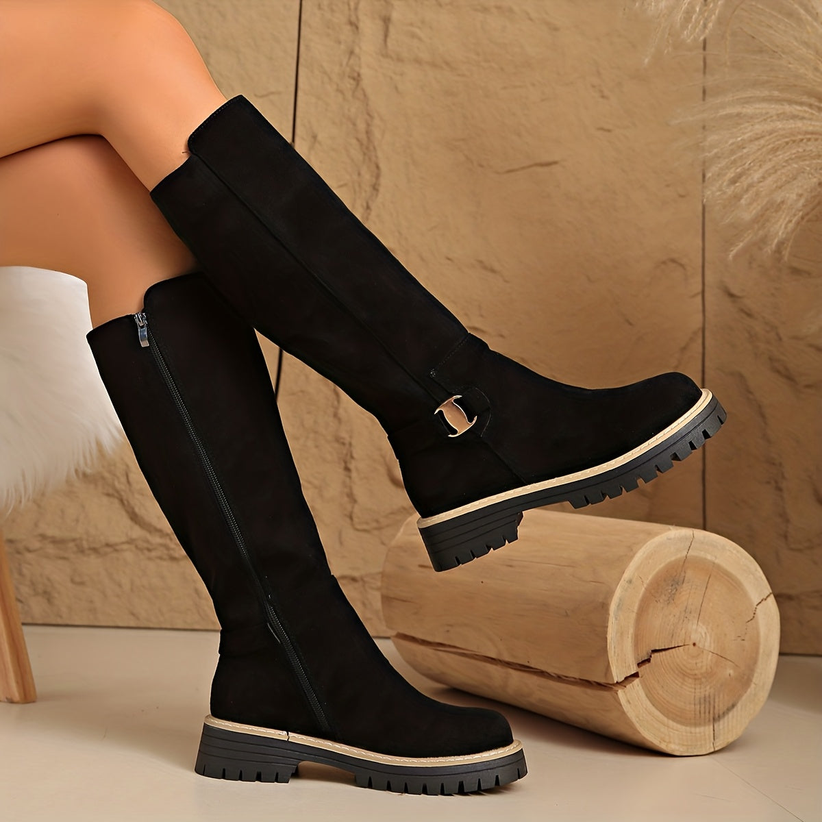 Florence | Stylish Knee High Boots with Buckle Detail Lug Sole