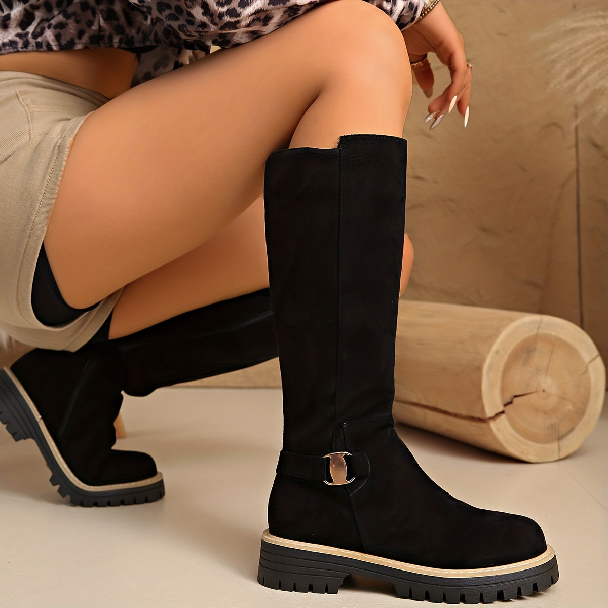 Florence | Stylish Knee High Boots with Buckle Detail Lug Sole