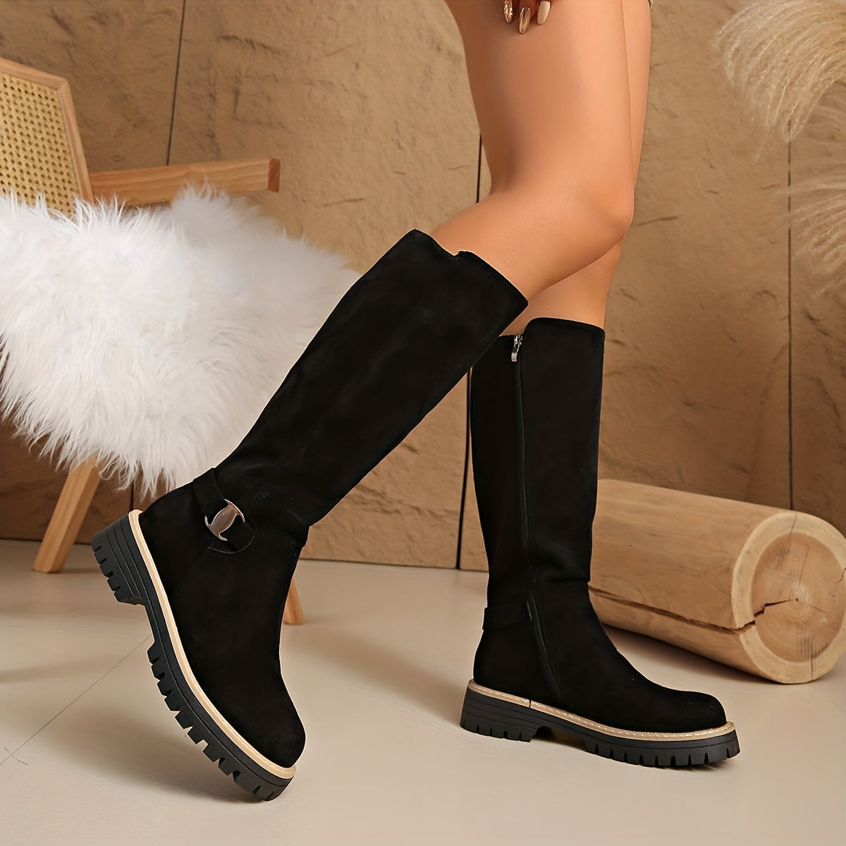 Florence | Stylish Knee High Boots with Buckle Detail Lug Sole