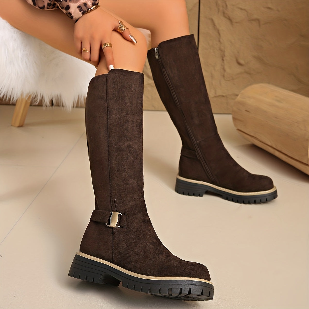 Florence | Stylish Knee High Boots with Buckle Detail Lug Sole