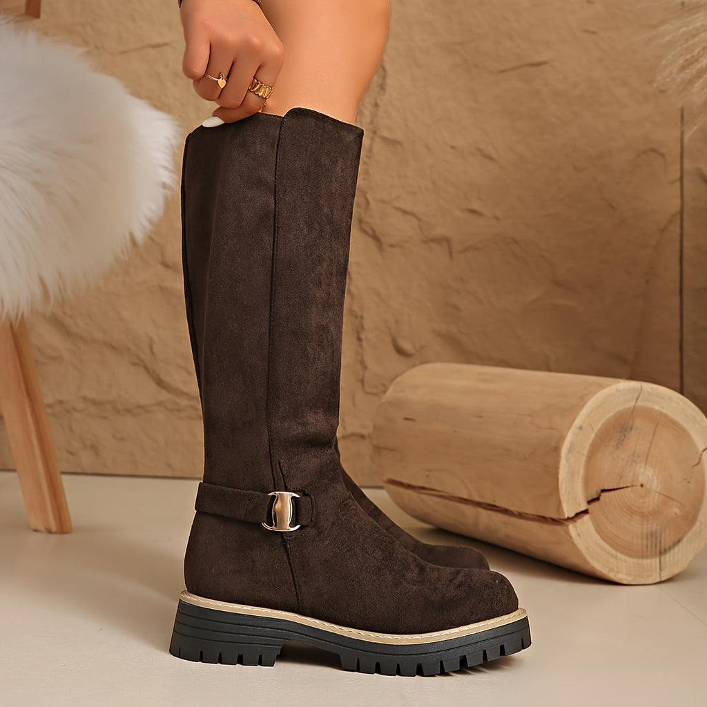 Florence | Stylish Knee High Boots with Buckle Detail Lug Sole
