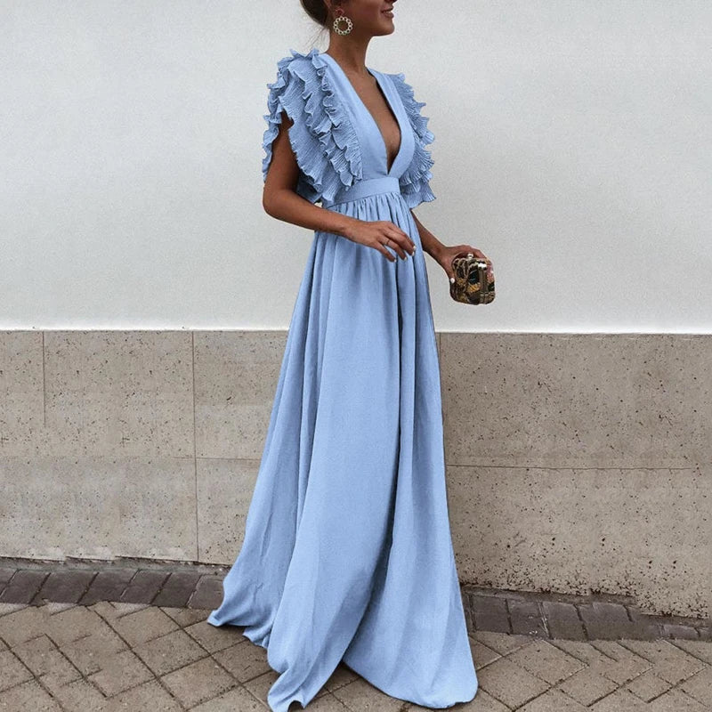 Florence | Stylish Ruffled Deep V-Neck Maxi Christmas Dress