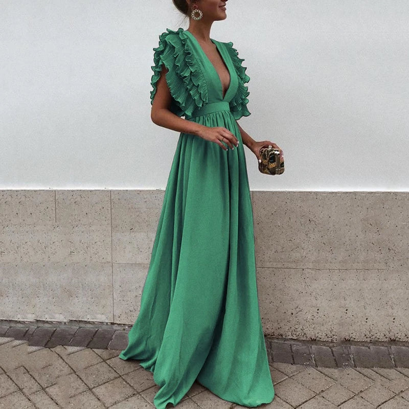 Florence | Stylish Ruffled Deep V-Neck Maxi Christmas Dress