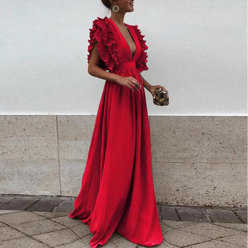 Florence | Stylish Ruffled Deep V-Neck Maxi Christmas Dress