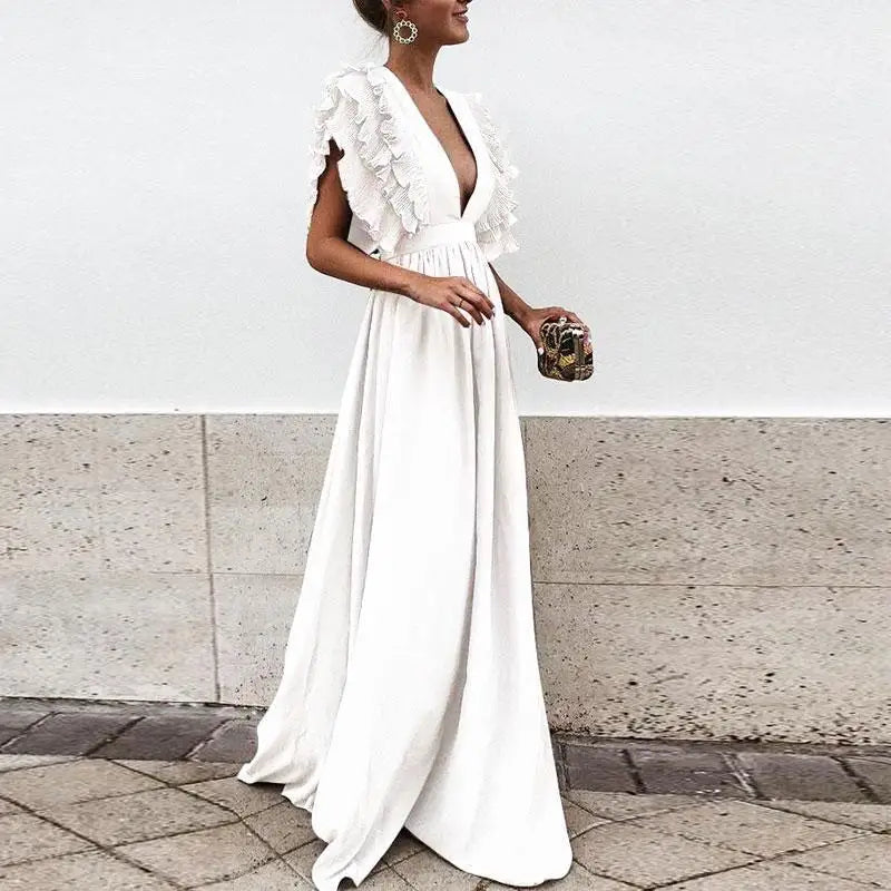 Florence | Stylish Ruffled Deep V-Neck Maxi Christmas Dress