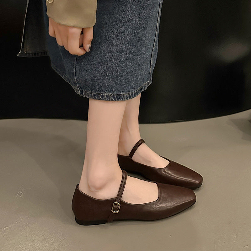 Freya | Polished Square Toe Mary Jane Flats with Ankle Strap
