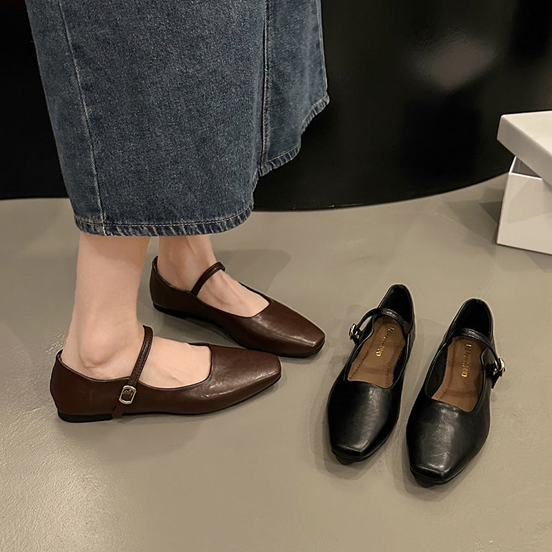 Freya | Polished Square Toe Mary Jane Flats with Ankle Strap
