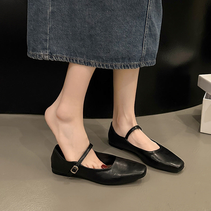 Freya | Polished Square Toe Mary Jane Flats with Ankle Strap