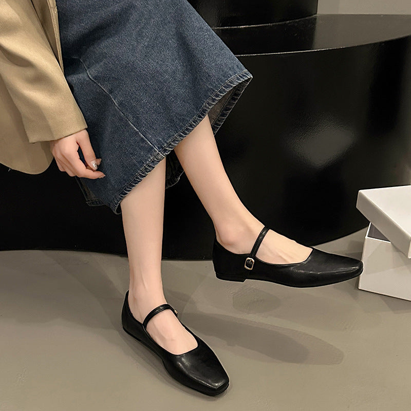 Freya | Polished Square Toe Mary Jane Flats with Ankle Strap