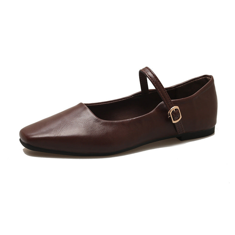 Freya | Polished Square Toe Mary Jane Flats with Ankle Strap