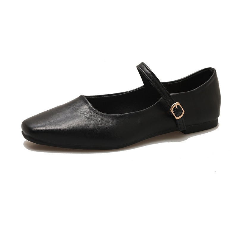 Freya | Polished Square Toe Mary Jane Flats with Ankle Strap