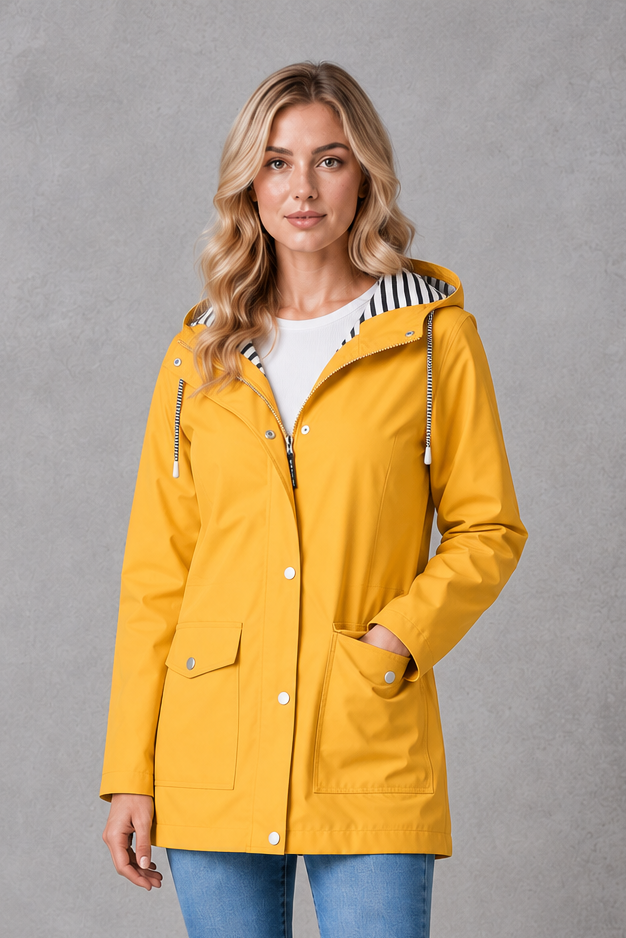 Hallie | Graceful Hooded Waterproof Jacket with Striped Trim