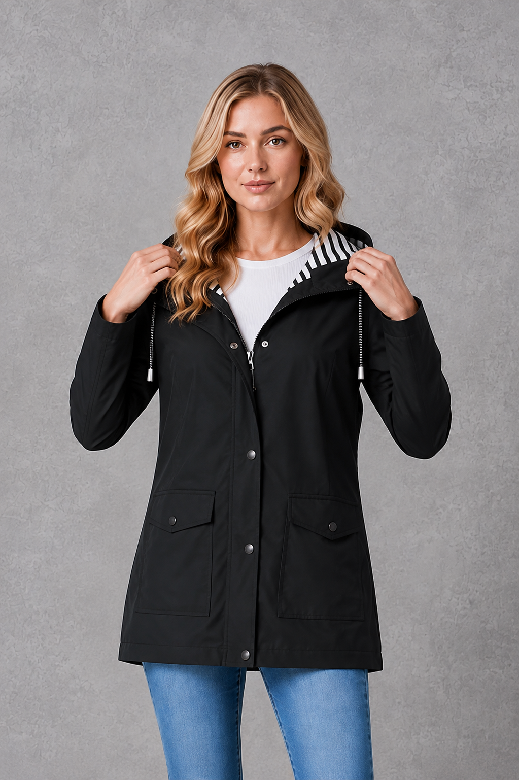 Hallie | Graceful Hooded Waterproof Jacket with Striped Trim