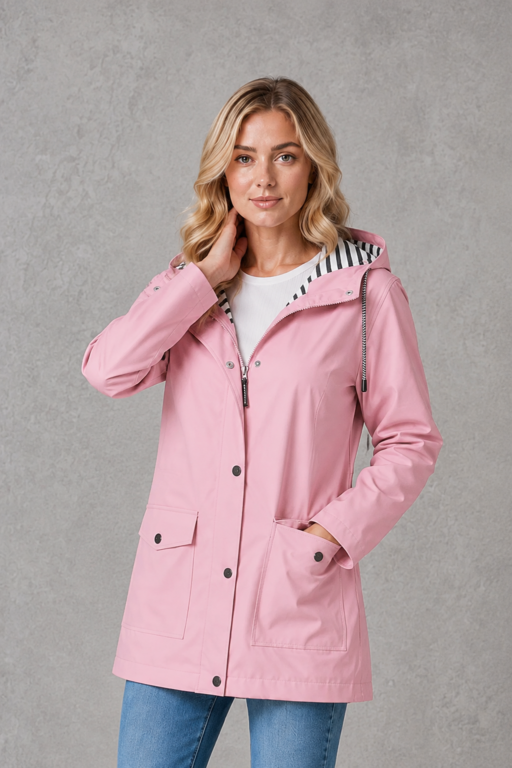 Hallie | Graceful Hooded Waterproof Jacket with Striped Trim