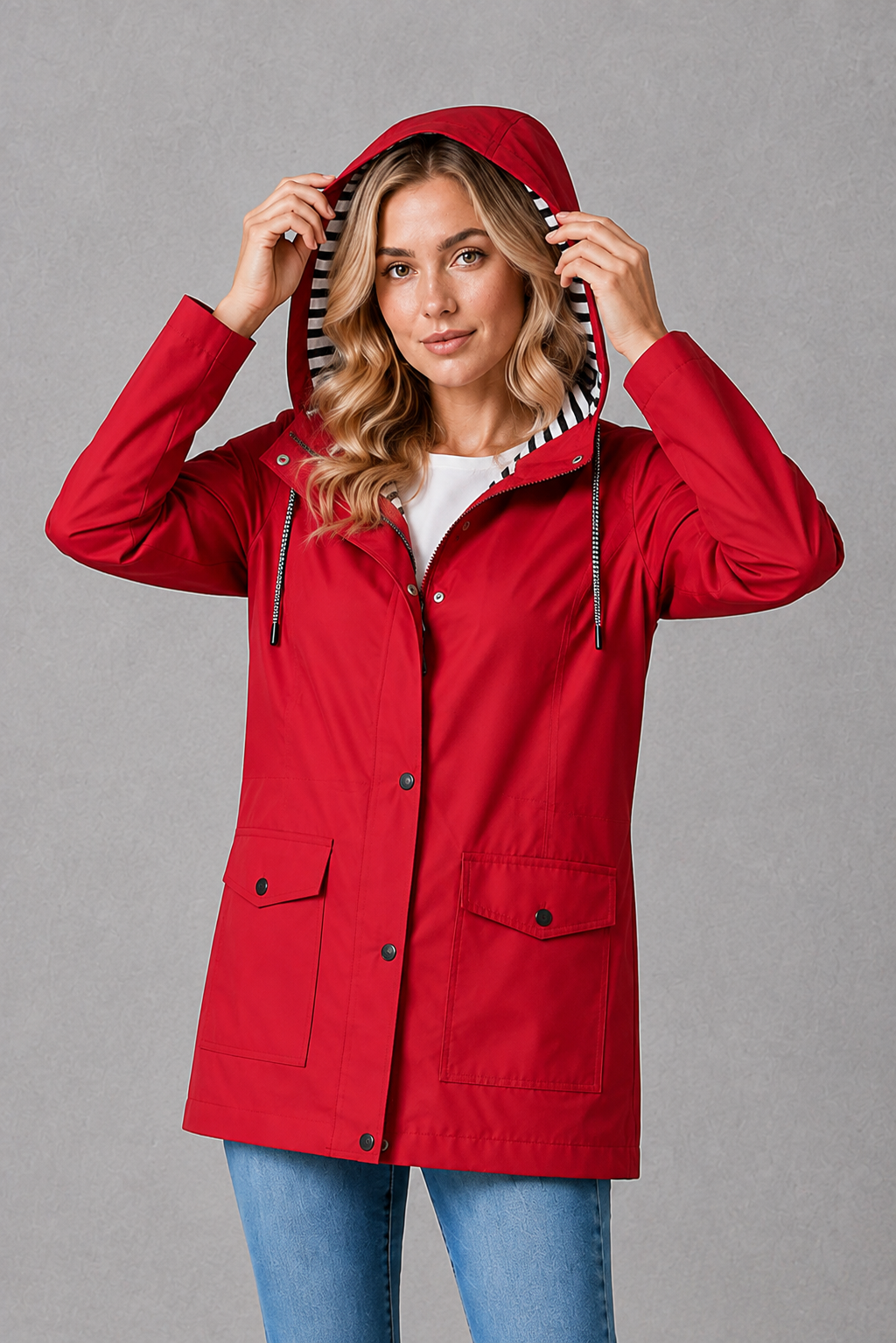 Hallie | Graceful Hooded Waterproof Jacket with Striped Trim
