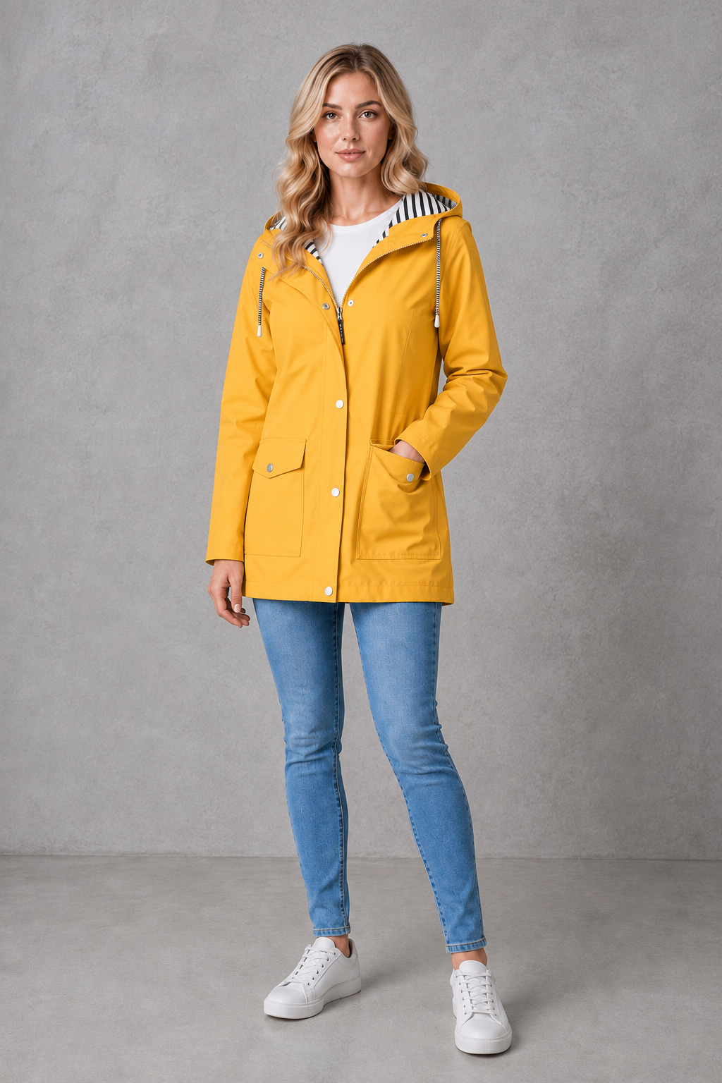 Hallie | Graceful Hooded Waterproof Jacket with Striped Trim