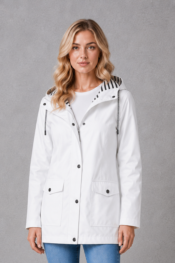 Hallie | Graceful Hooded Waterproof Jacket with Striped Trim