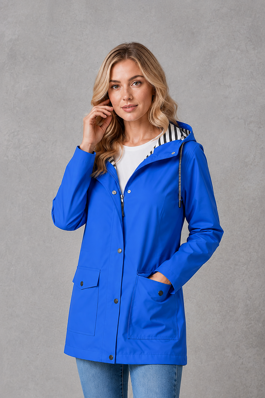 Hallie | Graceful Hooded Waterproof Jacket with Striped Trim