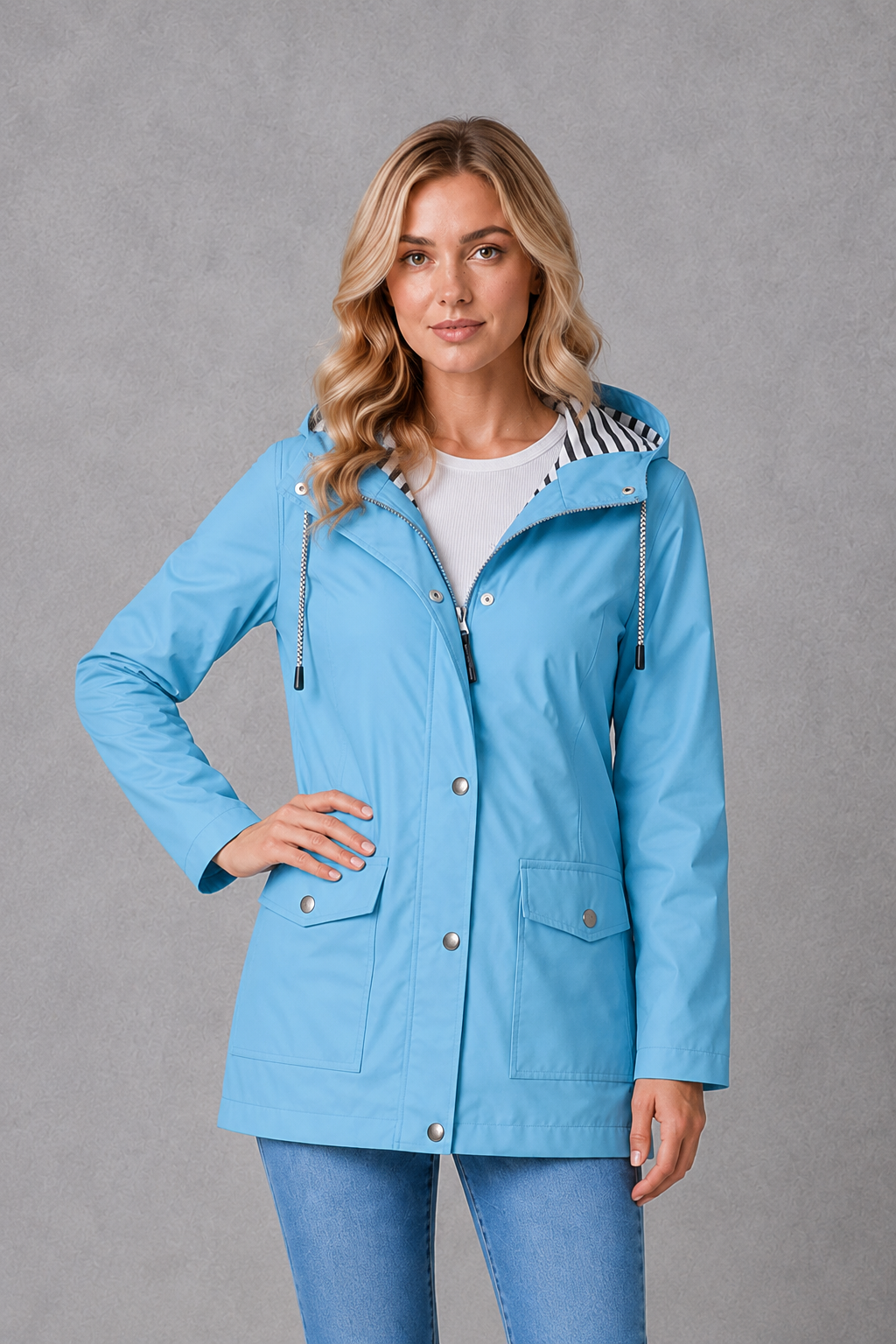 Hallie | Graceful Hooded Waterproof Jacket with Striped Trim