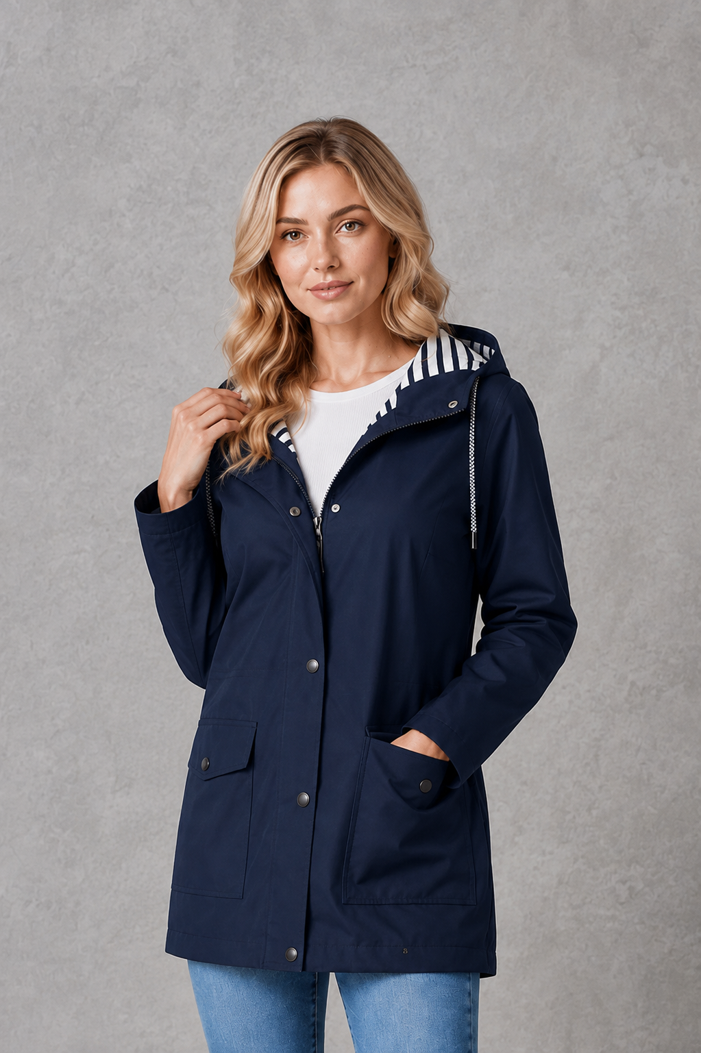 Hallie | Graceful Hooded Waterproof Jacket with Striped Trim