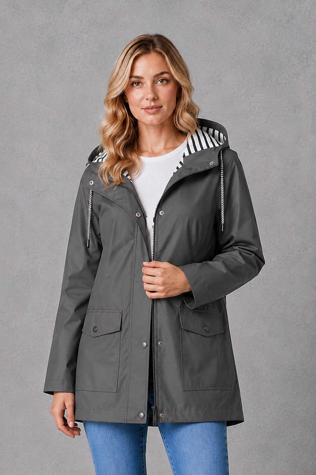 Hallie | Graceful Hooded Waterproof Jacket with Striped Trim