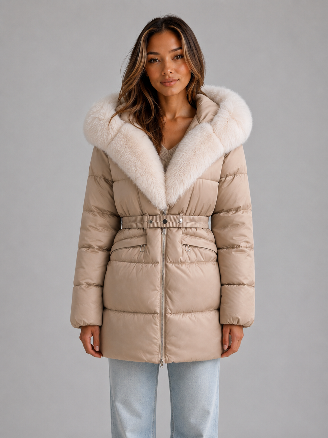 Harper | Belted Hooded Puffer Fur Coats for Women