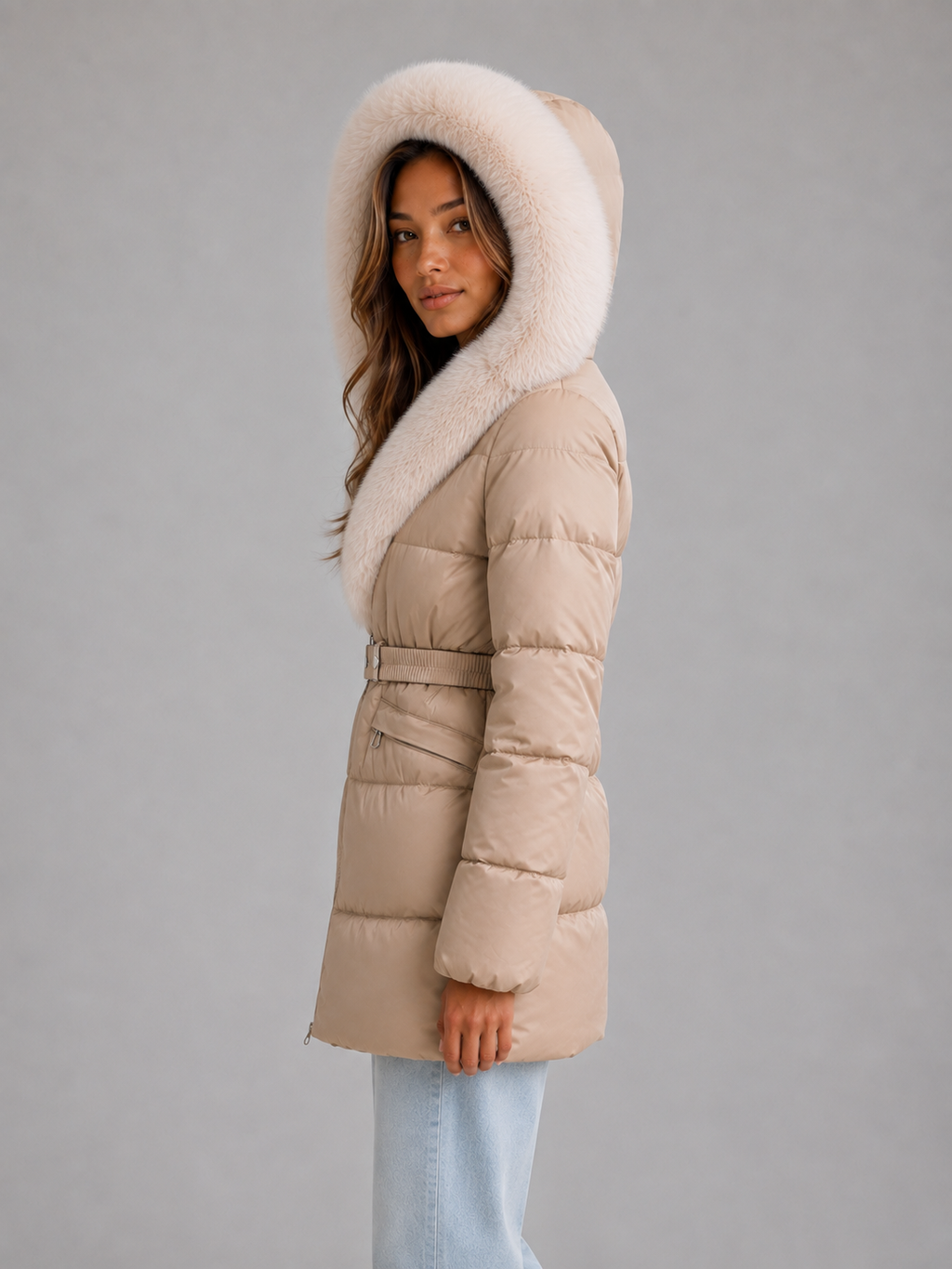 Harper | Belted Hooded Puffer Fur Coats for Women