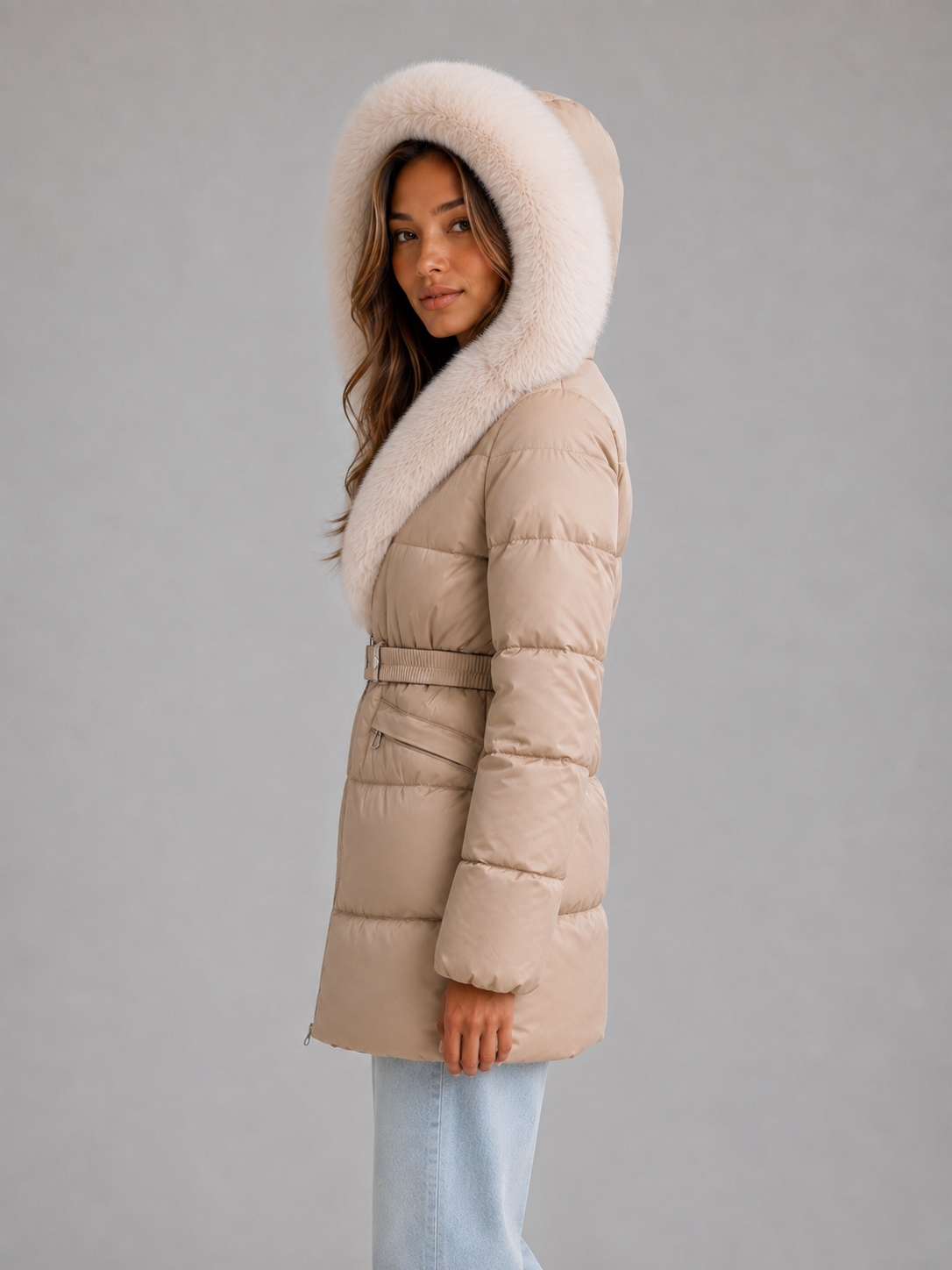 Harper | Belted Hooded Puffer Fur Coats for Women
