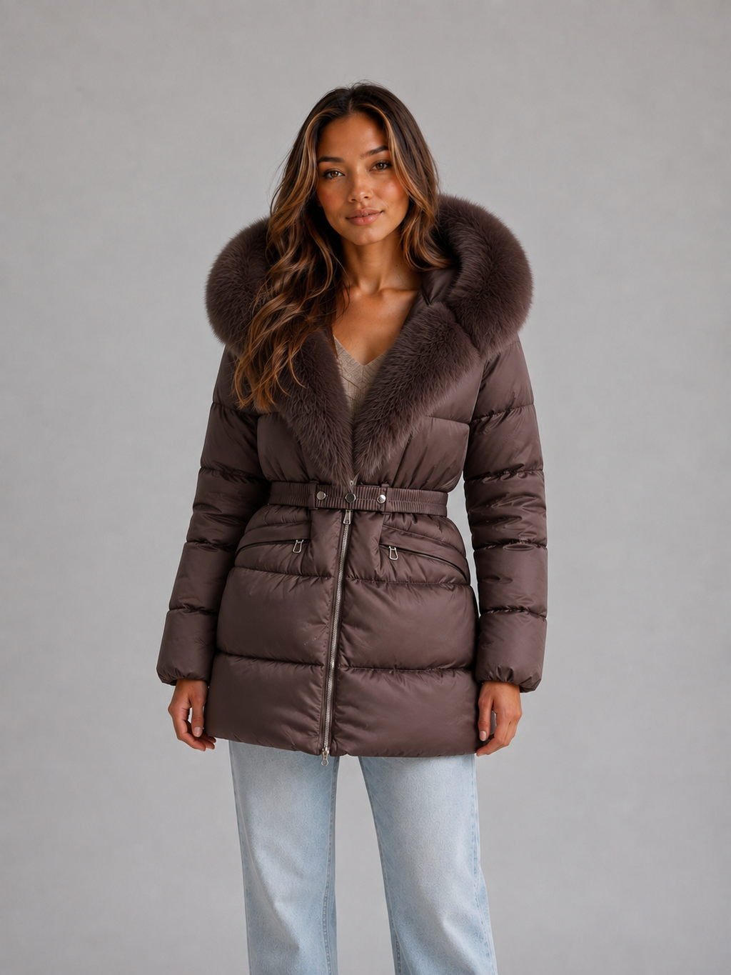Harper | Belted Hooded Puffer Fur Coats for Women