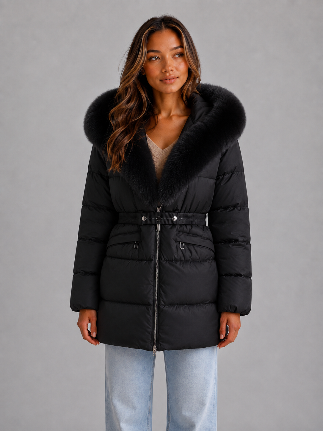 Harper | Belted Hooded Puffer Fur Coats for Women