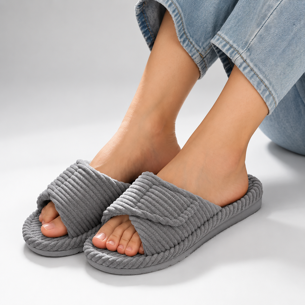Harper | Graceful Ribbed Corduroy Cross-Strap Slide Slippers