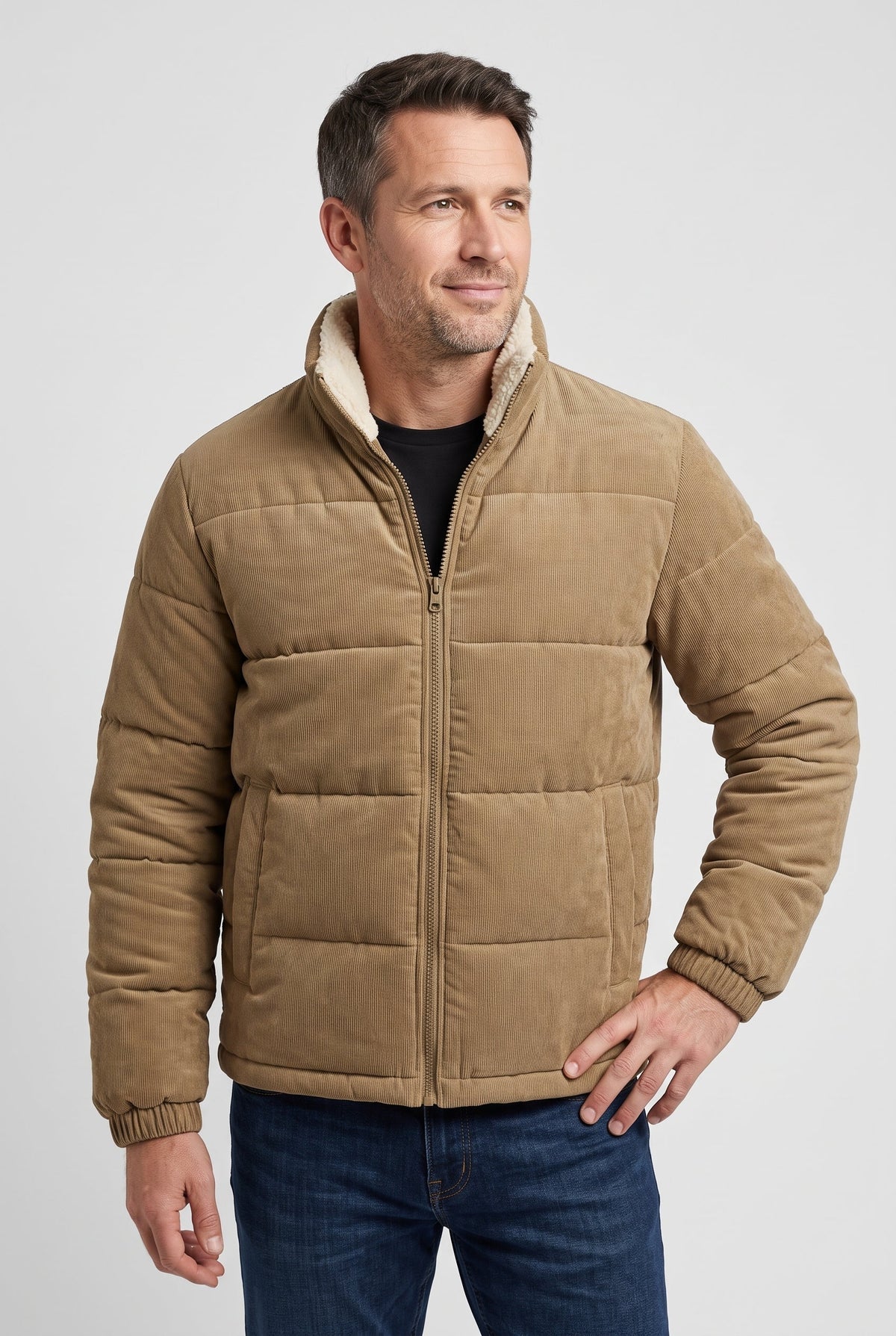 Hugo | Refined Ribbed Mens Puffer Jacket with Sherpa Collar